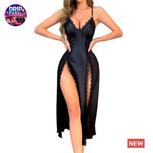 Floral Lace Sheer Slip Dress Elegant Chic Nightgown Side Split Long